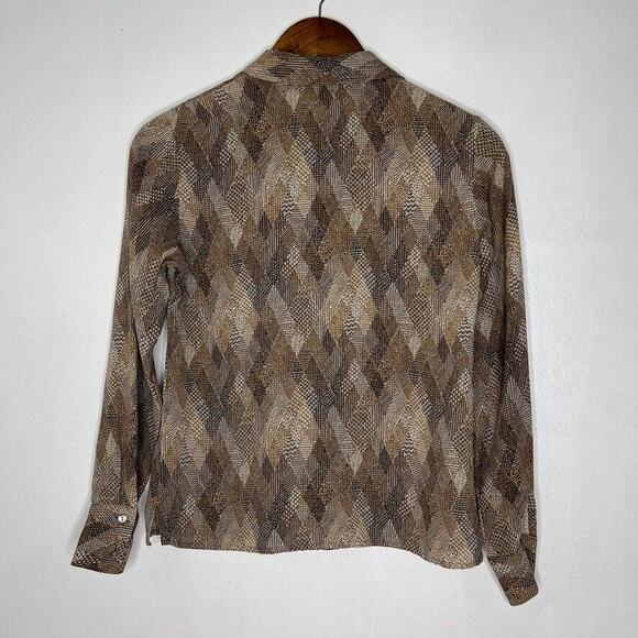 Talbots Brown 100% Silk Geometric Print Button Up Long Sleeve Shirt Size 2 Women - Picture 7 of 9